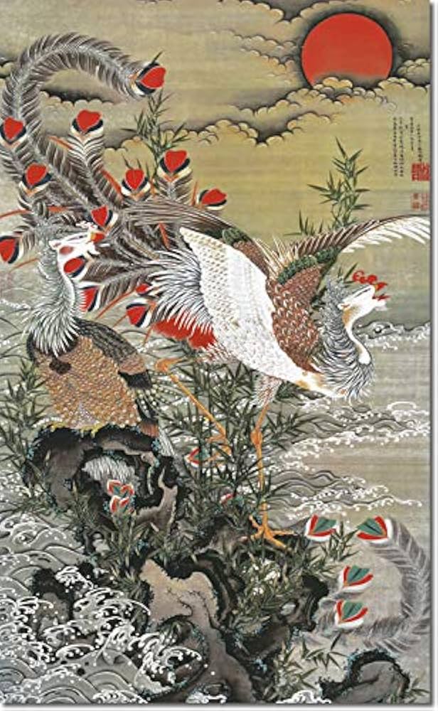 鳳凰　掛け軸 掛け軸 掛軸 旭日鳳凰図(きょくじつほうおうず) 伊藤若冲 尺五立